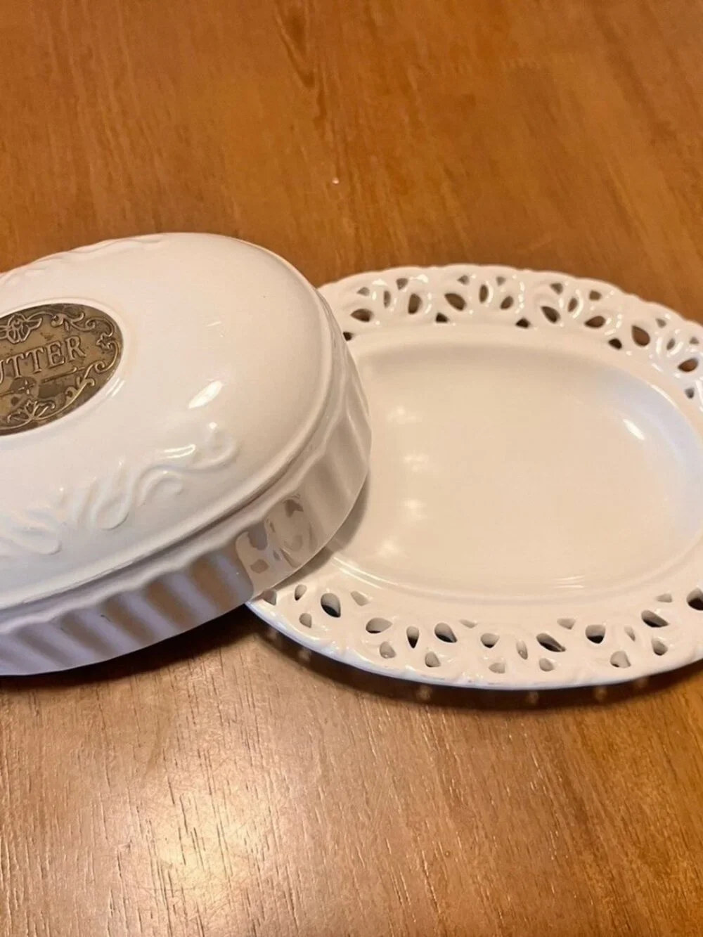 Vintage THL French Cottage Oval Butter Dish with Bronze Badge & Lattice Edging